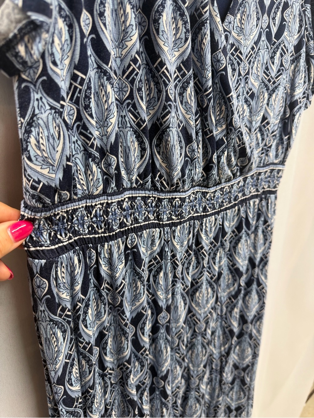 LOFT Beach Blue Paisley Maxi Dress Wrap Empire Waist Boho Short Sleeve Large - Picture 4 of 7